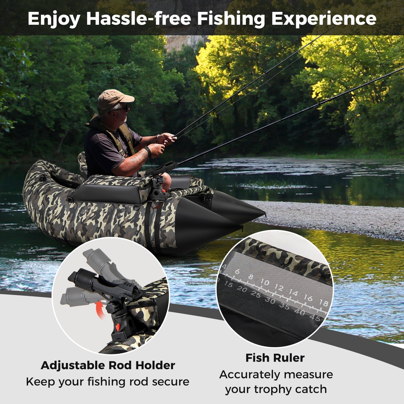 350 LBS Inflatable Fishing Float Tube with Adjustable Backrest and Backpack Straps-Camouflage