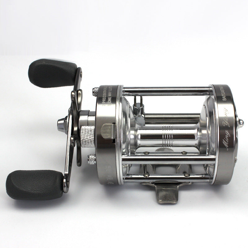 Fishing reel with metal frame and black handles on a white background