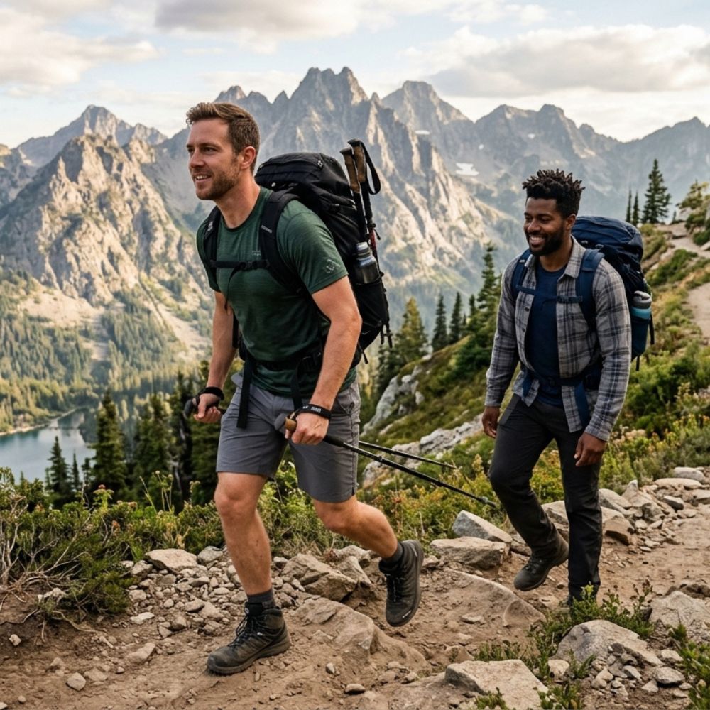 Two male hikers with large backpacks ascend a rocky mountain trail, with rugged peaks and a lake visible in the background.