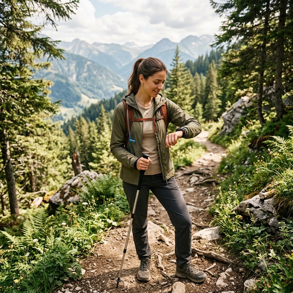 A woman hiking on a mountain trail, wearing an olive green jacket, a beige t-shirt, dark hiking pants, and brown hiking boots, while holding a trekking pole and checking her watch.