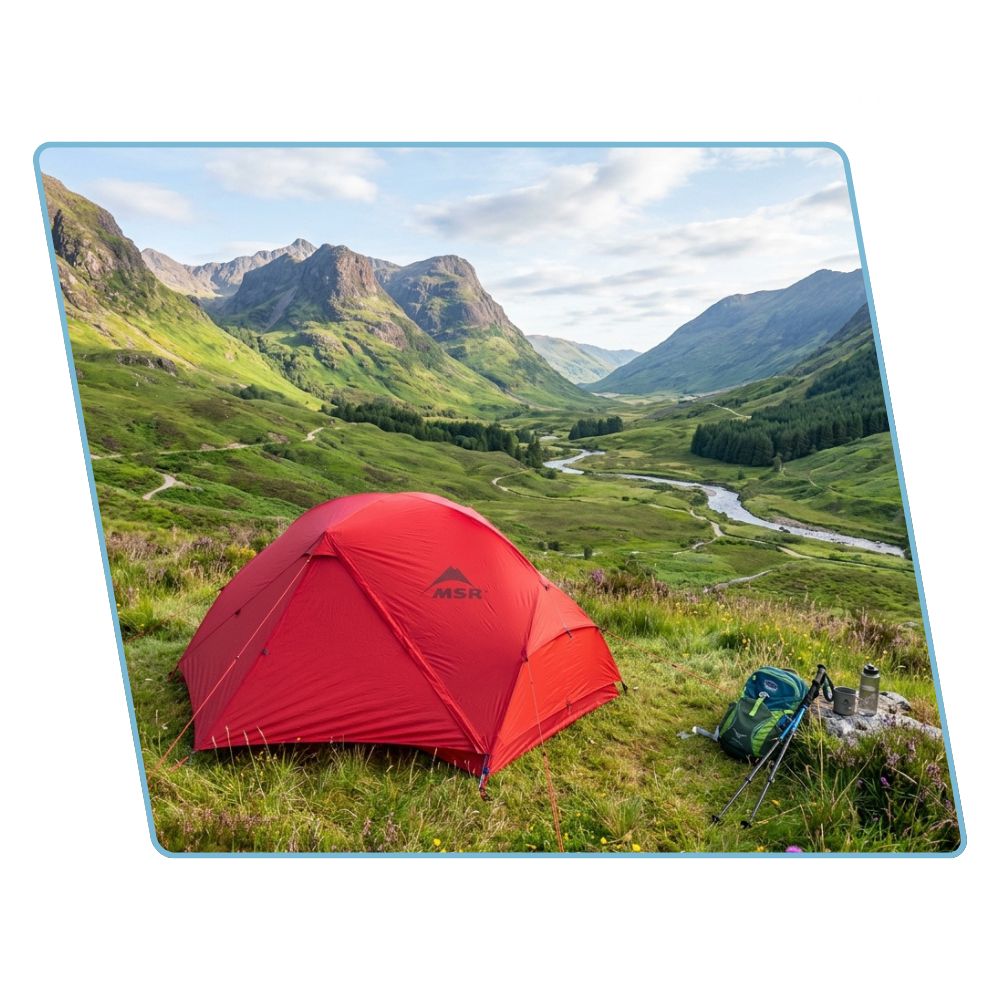 A red camping tent pitched in a grassy mountain valley with a river and green hills in the background, shown as a square print with rounded corners on a white background.